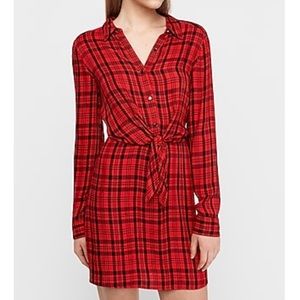 Express Tie Front Plaid Button Up Mini Dress